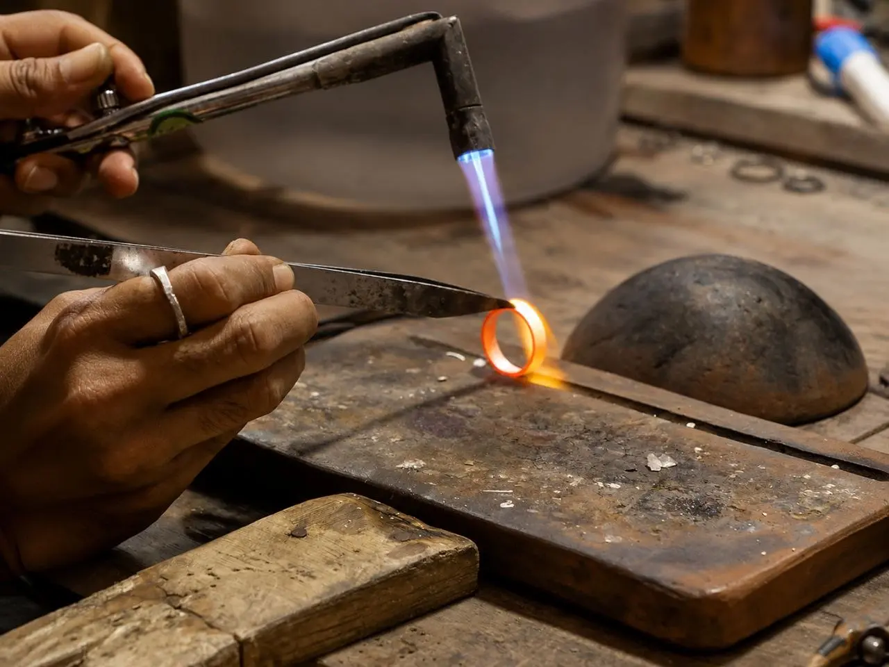 Traditional torch soldering raw silver at Bagus Silver Class Bali